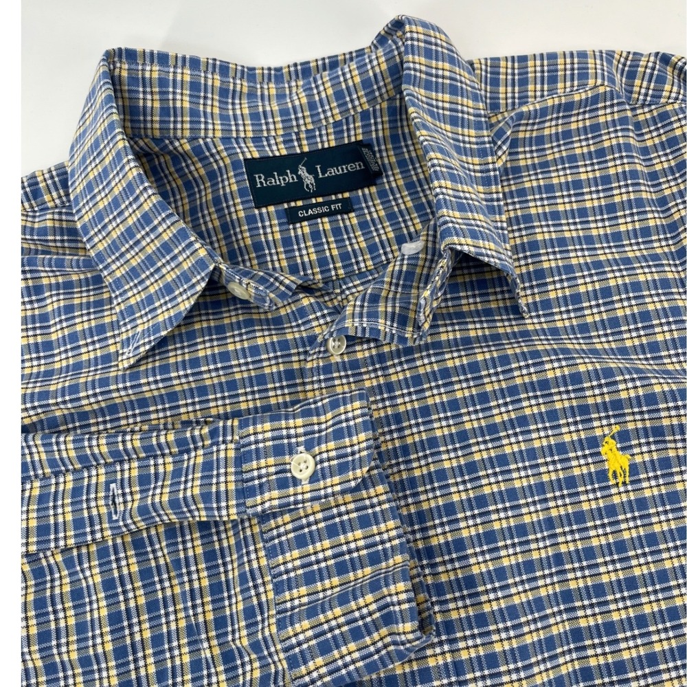 Ralph Lauren Button Down Mens XL Blue Yellow Plaid Classic Fit Long Sleeve Shirt